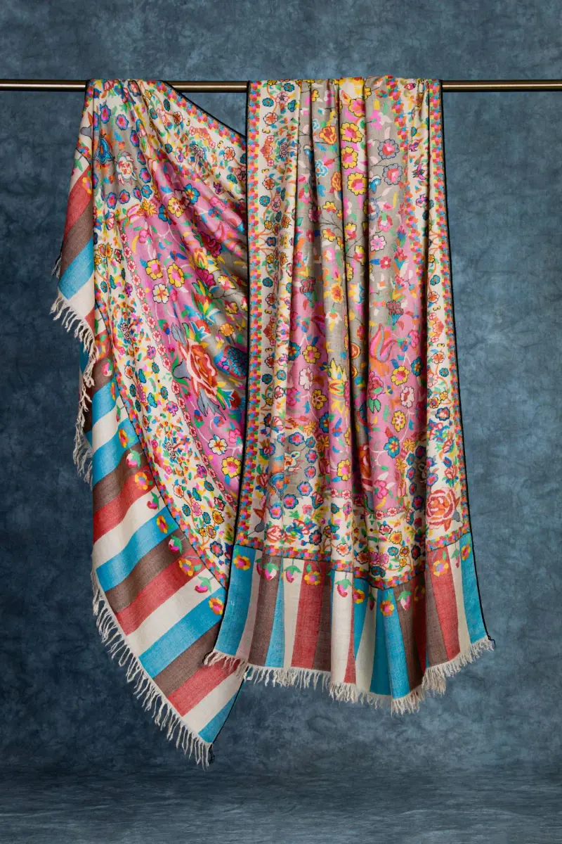 Close up of intricate pashmina shawl weaving details