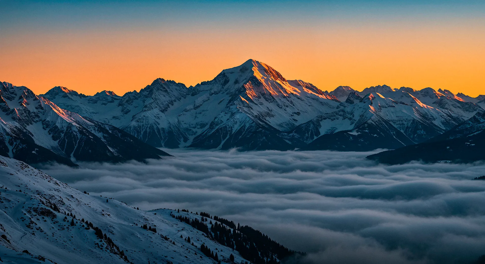 Kashmir Alpine Landscape at sunset with snow-capped Himalayan peaks and valley views